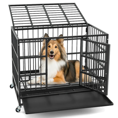 96CM/120CM Foldable Heavy-Duty Metal Dog Cage with Lockable Rolling Casters-S
