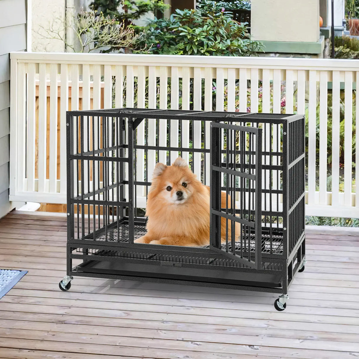 96CM/120CM Foldable Heavy-Duty Metal Dog Cage with Lockable Rolling Casters-S