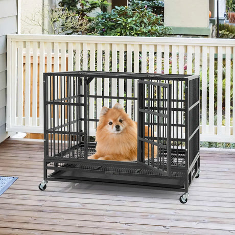 96CM/120CM Foldable Heavy-Duty Metal Dog Cage with Lockable Rolling Casters-S