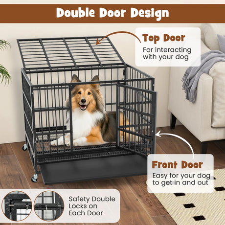 96CM/120CM Foldable Heavy-Duty Metal Dog Cage with Lockable Rolling Casters-S