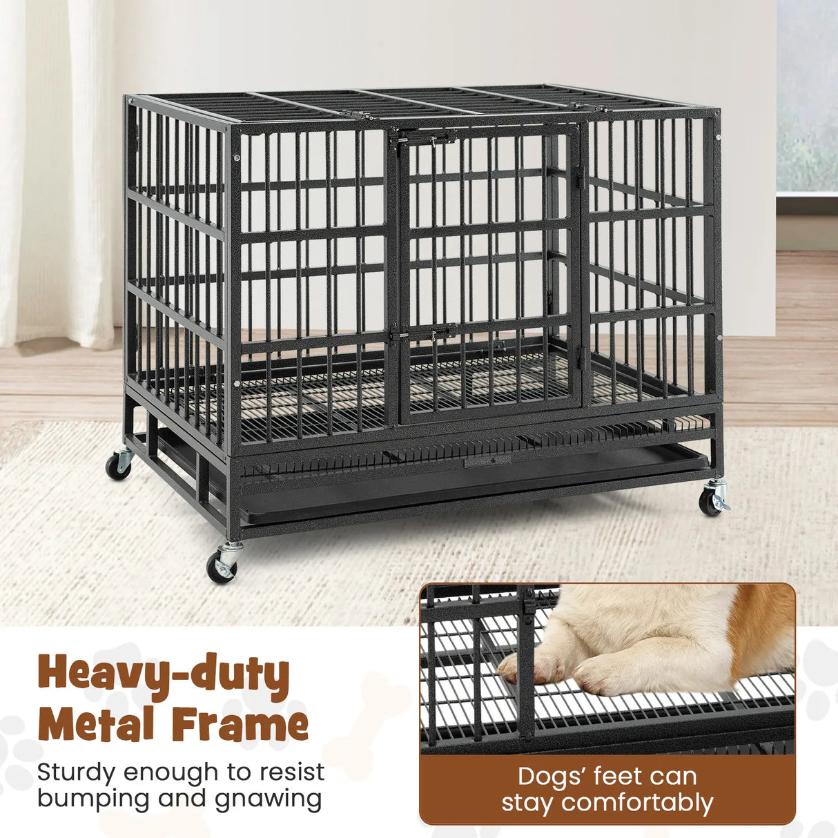 96CM/120CM Foldable Heavy-Duty Metal Dog Cage with Lockable Rolling Casters-S