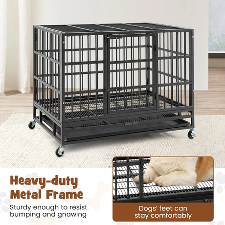 96CM/120CM Foldable Heavy-Duty Metal Dog Cage with Lockable Rolling Casters-S