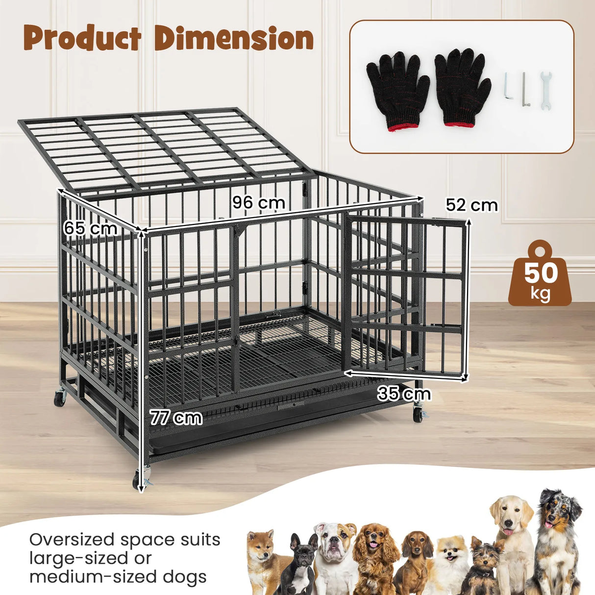96CM/120CM Foldable Heavy-Duty Metal Dog Cage with Lockable Rolling Casters-S