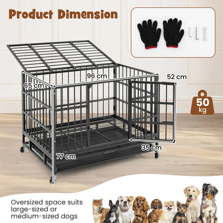 96CM/120CM Foldable Heavy-Duty Metal Dog Cage with Lockable Rolling Casters-S