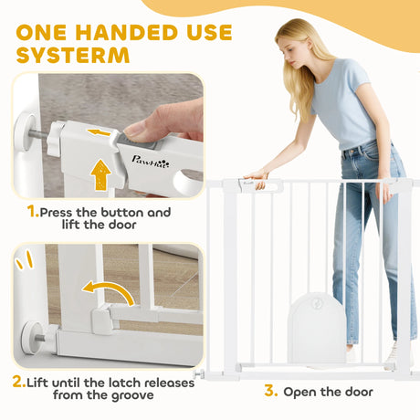 PawHut Dog Gate with Cat Flap Pet Safety Gate Barrier, Stair Pressure Fit, Auto Close, Double Locking, for Doorways, Hallways, 75-103 cm White