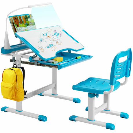 Height Adjustable Kids Study Table and Chair Set with Bookstand-Blue