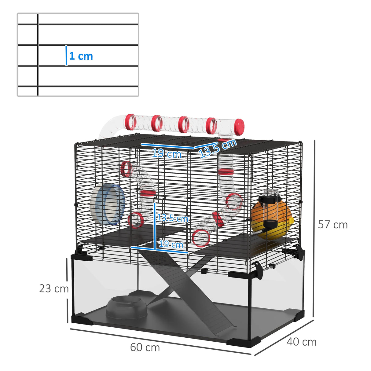 PawHut Gerbil Cage Dwarf Hamster Cage, with Deep Glass Bottom, Tunnels, Hut, Exercise Wheel, 60 x 40 x 57cm