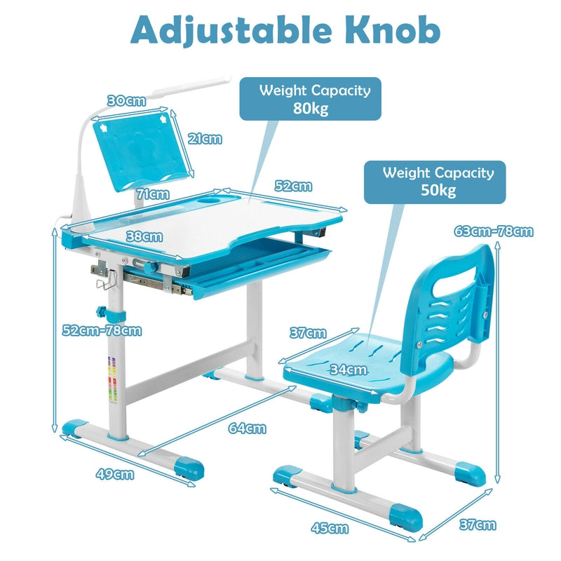 Height Adjustable Kids Study Table and Chair Set with Bookstand-Blue