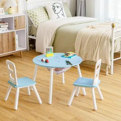 Wood Activity Kids Table and Chair Set with Center Mesh Storage for Snack Time and Homework-Blue