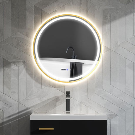 HOMCOM Round Bathroom Mirror with LED Lights, 800mm Backlit Illuminated Bathroom Mirror, Dimmable Wall Mounted Vanity Mirror with Demister Pad, Touch Switch, Time and Temp Display, Gold Tone