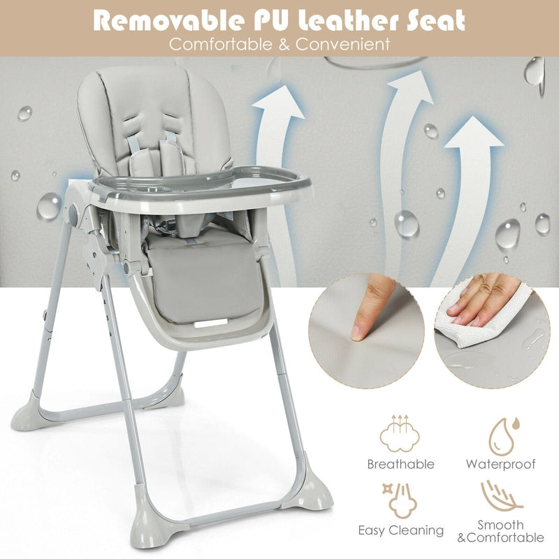 Baby Foldable Convertible High Chair with Adjustable Height Recline-Grey