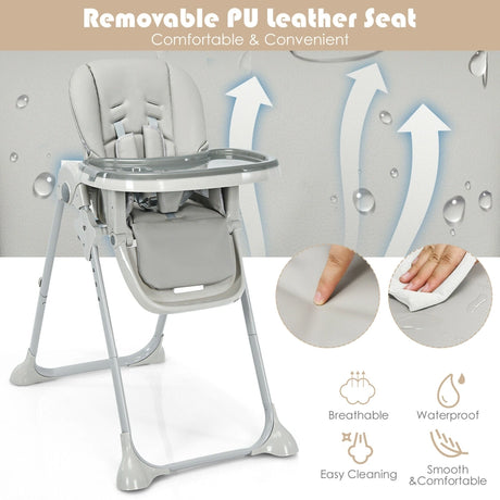 Baby Foldable Convertible High Chair with Adjustable Height Recline-Grey