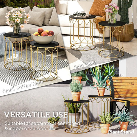 Outsunny Round Coffee Table Set of 2, Modern Nesting Tables with Ceramic Tile Top, Small End Tables, Indoor Outdoor Side Table with Metal Frame for Living Room, Bedroom, Patio, Balcony, Black