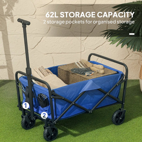 Outsunny 62L Festival Trolley on Wheels, Garden Folding Trolley Cart, 120kg Heavy Duty Collapsible Folding Wagon with Adjustable Handle and Carrying Bag for Beach, Camping, Festival, Blue