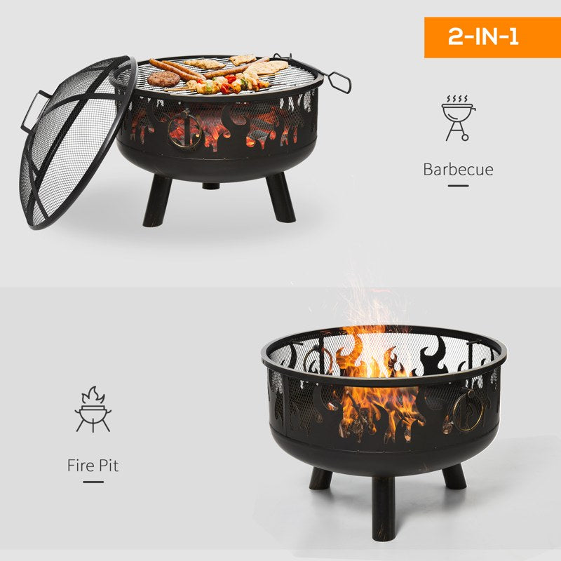 Outsunny Metal Firepit Bowl Outdoor 2-In-1 Round Fire Pit w/ Lid, Grill, Poker, Handles for Garden, Camping, BBQ, Bonfire, Wood Burning Stove, 61.5 x 61.5 x 52cm, Black