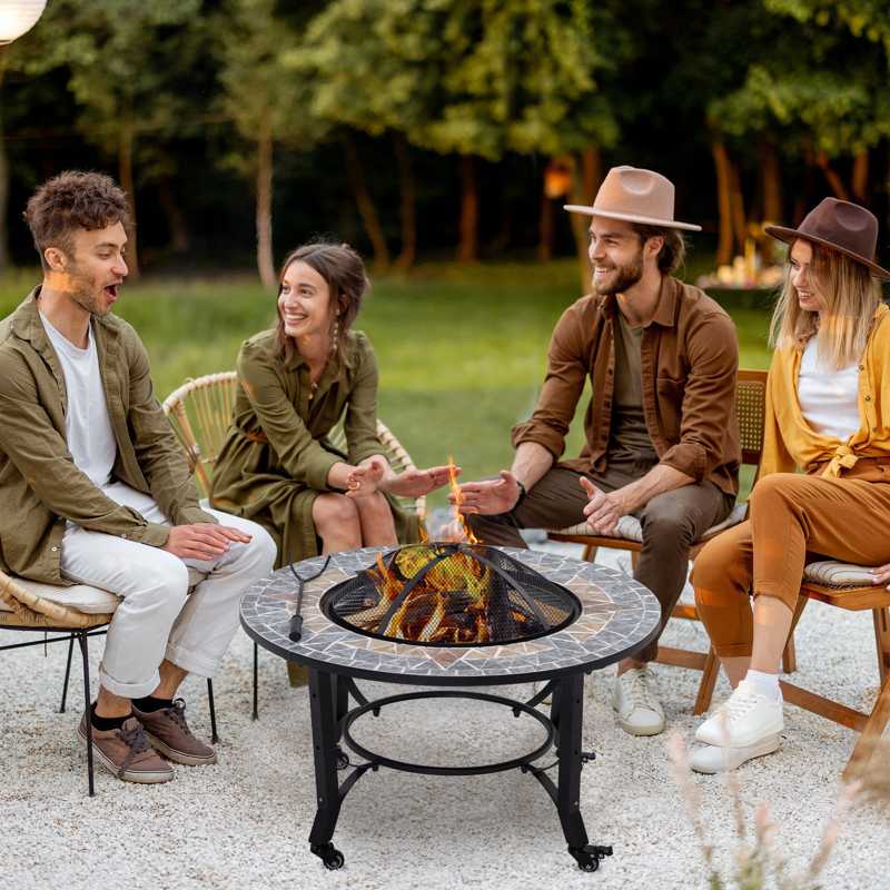 Outsunny 3-in-1 Outdoor Fire Pit on Wheels, Mosaic Garden Table, Patio Heater with Cooking BBQ Grill, Firepit Bowl with Screen Cover, Fire Poker for Backyard Bonfire