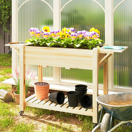 Outsunny 46 x 94cm Wooden Raised Planter, with Shelves - Natural Finish