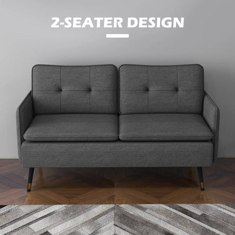 HOMCOM Modern Two Seater Sofa, Button Tufted Loveseat with Cushions and Steel Legs for Living Room, Guest Room, Dark Grey
