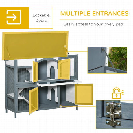 PawHut Rabbit Hutch Outdoor Guinea Pig Hutch 2 Tier Wooden Cage w/ Ramp, Divider, Openable Roof, 125 x 48 x 100cm - Grey