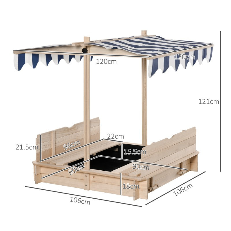 Outsunny Kids Wooden Sand Pit with Lids Children Sandbox Height Adjustable Canopy for Garden, Convertible Bench Seat Outdoor Backyard Playset, Blue and White Canopy