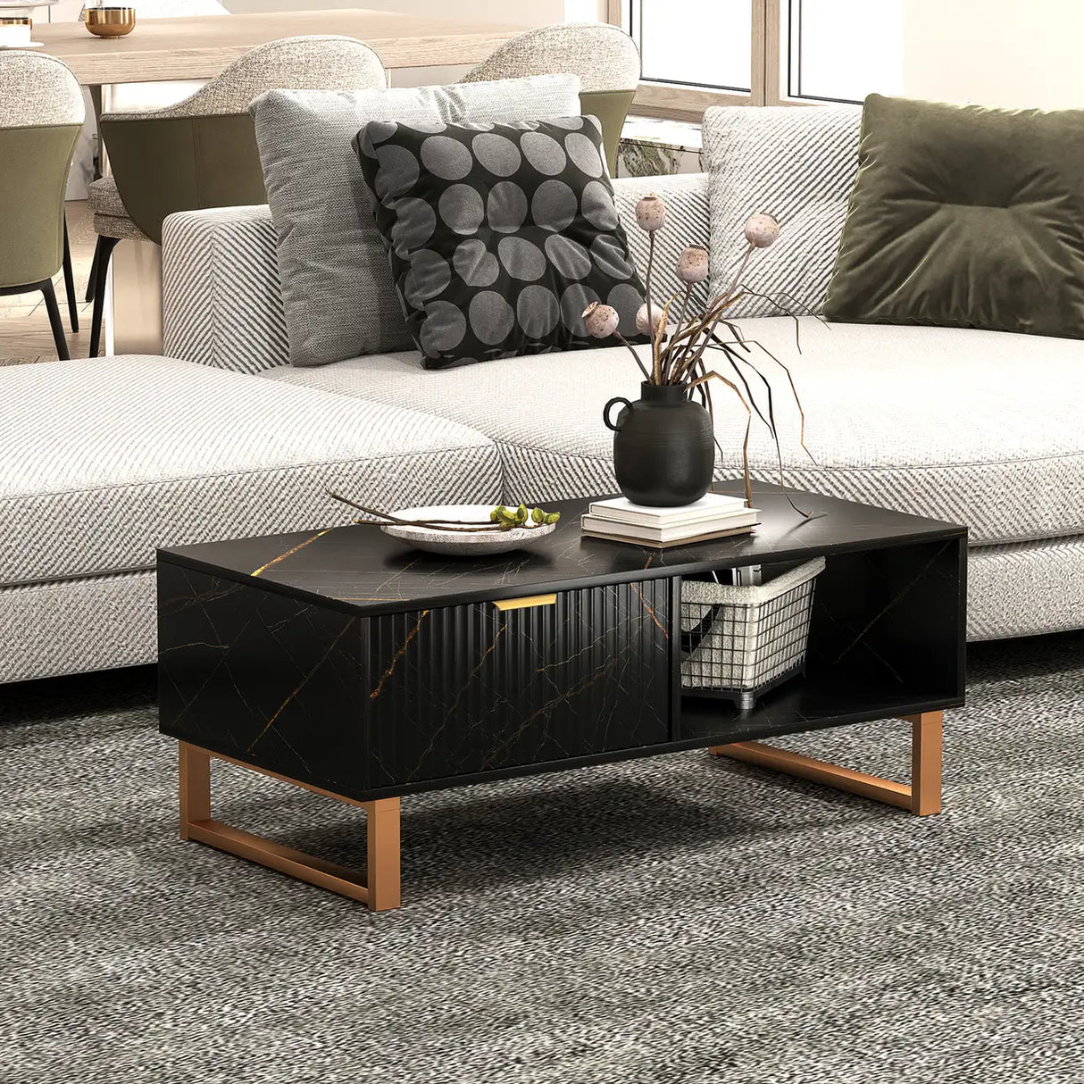 HOMCOM Elegant Marble Effect Storage Coffee Table - Black