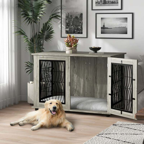 PawHut Indoor Dog Crate Furniture End Table with Soft Washable Cushion, Lockable Front Door, for Extra Large Dogs - Grey