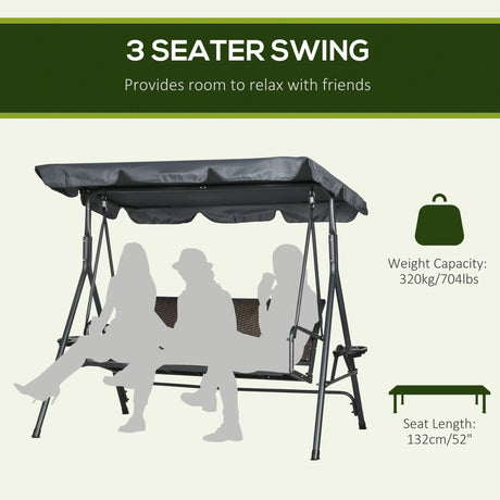 Outsunny 3 Seater Swing Chair, Garden Swing Seat Bench with Adjustable Canopy, Rattan Seat and Steel Frame for Patio, Yard, Dark Grey