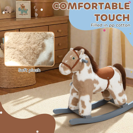 AIYAPLAY Baby Rocking Horse, Plush Animal Rocker with Realistic Sound and Toy, Rocking Toy Chair for Kids Aged 2-5, Brown