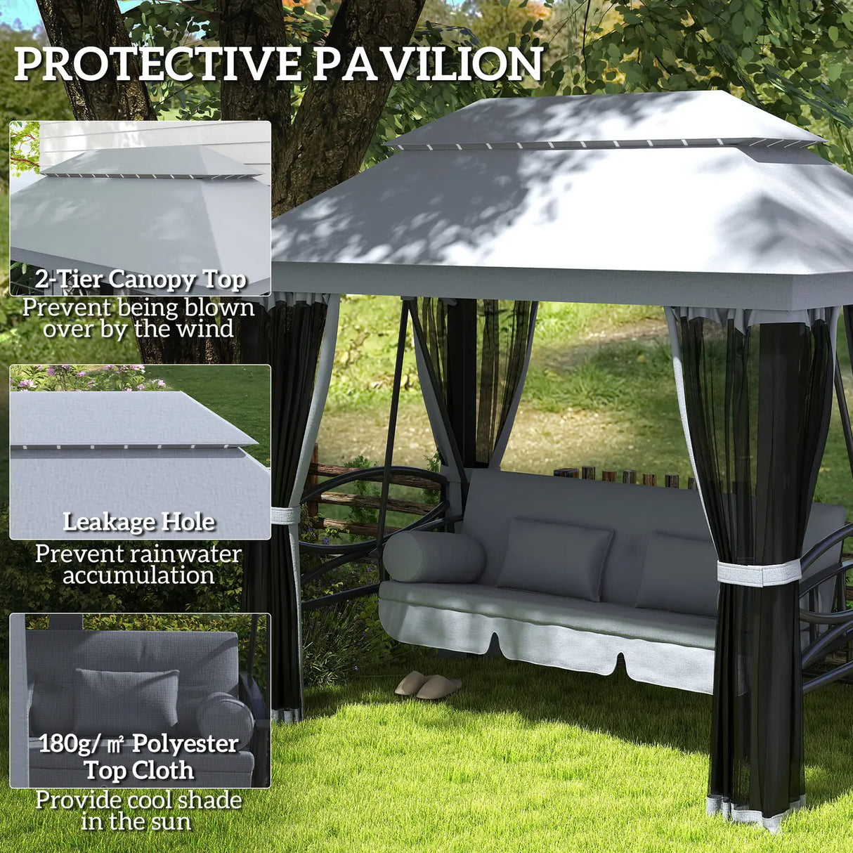 Outsunny 3 Seater Swing Chair Hammock Gazebo Lounger Cushioned Seat Waterproof Grey