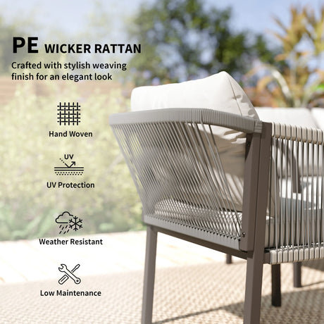 Outsunny 4 Piece Rattan Garden Furniture Set with Loveseat, Armchairs, Table, Steel Frame Wicker Patio Conversation Set, Grey