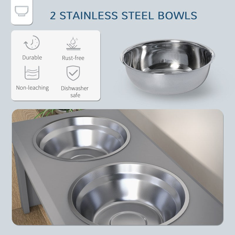 PawHut Raised Dog Feeding Bowls with Stand, Stainless Steel for Medium Dog, 58L x 31W x 25H cm - Grey