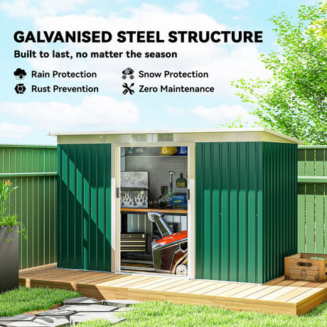 Outsunny 9ft x 4ft Metal Garden Shed, Outdoor Tool House with Foundation Kit, Ventilations and Double Doors, Deep Green