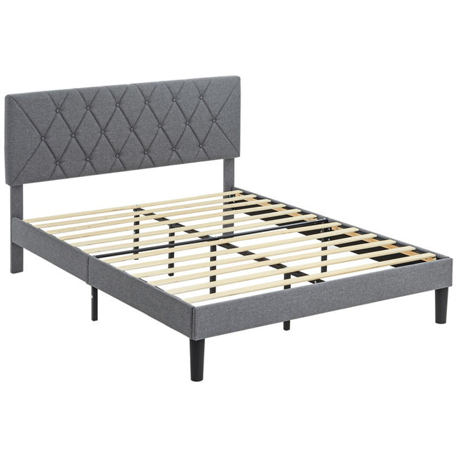 HOMCOM Double Bed Frame with 5-Level Adjustable Linen Upholstered Headboard, Wooden Slats Mattress Foundation, No Box Spring Needed, Grey