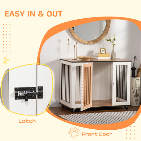 PawHut Dog Crate Furniture, Dog Cage End Table, with Wheels, for Large Dogs, 106 x 60 x 82 cm  - White