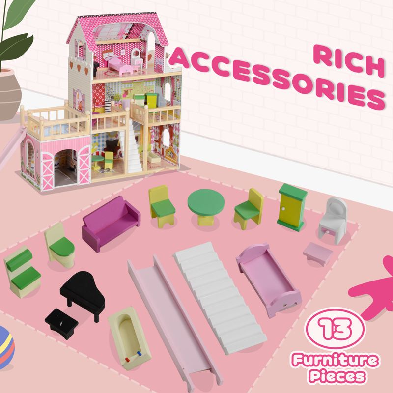 AIYAPLAY 3 Levels Dolls House Play Set with 13 Wooden Furniture Pieces and Accessories,