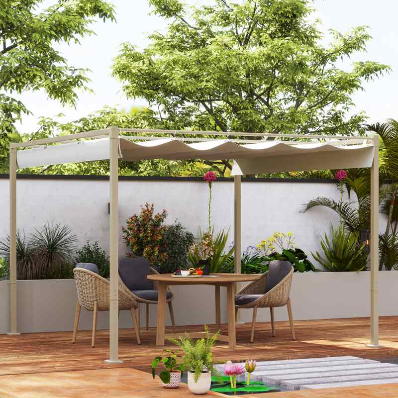 Outsunny 3 x 3(m) Garden Pergola with Retractable Roof and Magnetic Fixture, Outdoor Gazebo Pergola Kit Sun Shade Canopy, UPF30+, Khaki