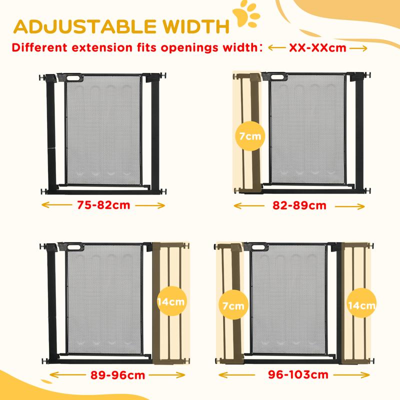 PawHut Pressure Fit Safety Gate, for Staircases, Hallways, Doorways w/ Extensions Kit, 75-103CM Adjustable Width - Black