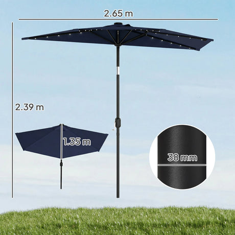 Outsunny 2.6 m Half Garden Parasol with Solar LED Lights, UPF50+ Semi Round Umbrella with 30 Tilt, Crank Handle, Dark Blue
