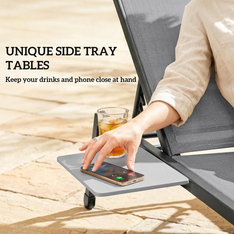 Outsunny Sun Loungers Set of 2 with Side Tray Table, Garden Recliners with 5-Position Adjustable Backrest, 2 Wheels, Grey