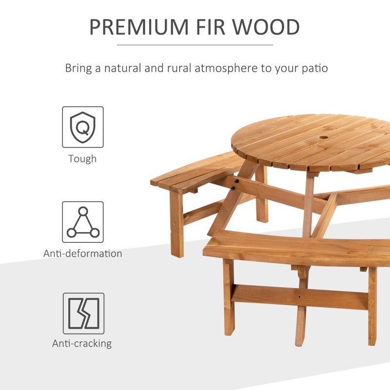 Outsunny 6 Seater Wooden Picnic Table and Bench Set Round Patio Dining Set with 3 Benches and Umbrella Hole Outdoor Garden Park, Brownish Red