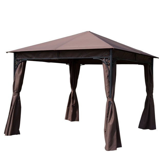 Outsunny 3 x 3(m) Garden Gazebo, Outdoor Gazebo Canopy Shelter with Curtains and Steel Frame for Lawn, Yard and Deck, Coffee