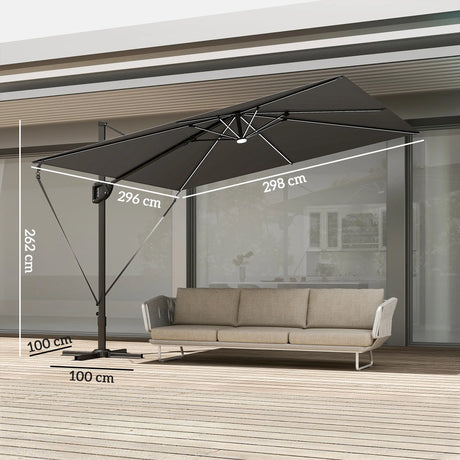 Outsunny 3 x 3 m Garden Cantilever Parasol w/ Light, Cover, UPF50+ Patio Umbrella w/ Wind Protection, 360 Rotation, Dark Grey