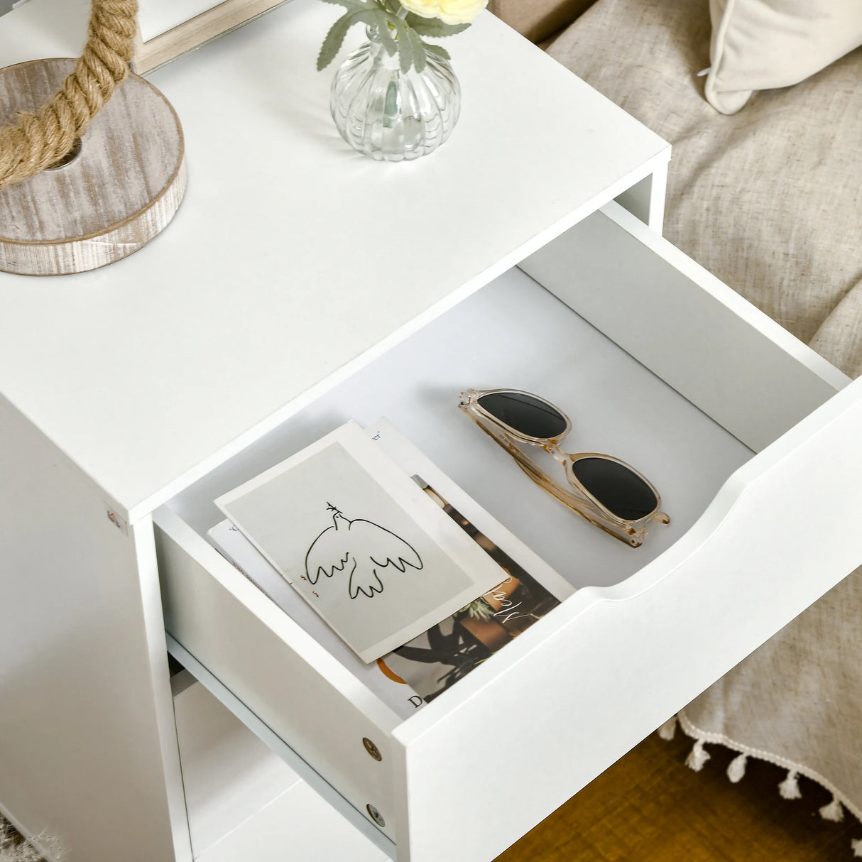 HOMCOM Bedside Table, Bedside Cabinet with 3 Drawers, Side End Table with Pine Wood Legs for Bedroom Living Room, White