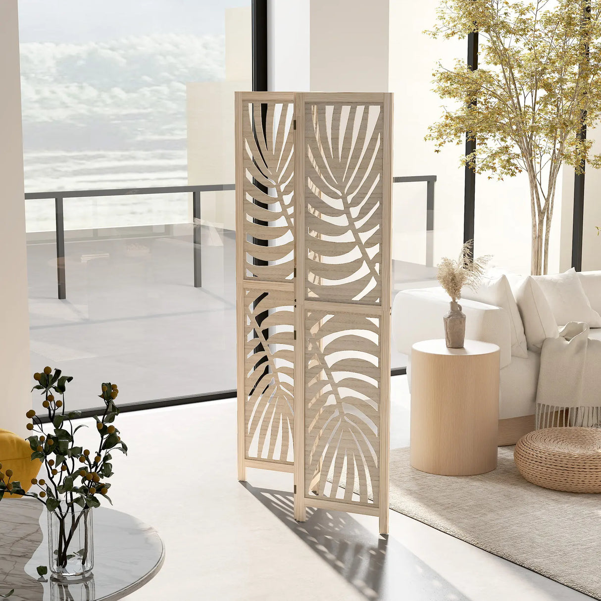 HOMCOM 3 Panel Room Divider, Detachable Folding Privacy Screens with Palm Leaf Design for Home Office, Natural Wood Finish