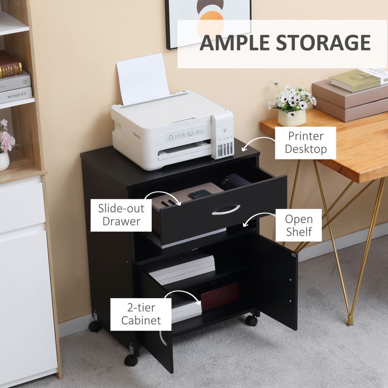 Vinsetto Printer Stand Mobile Printer Cabinet with Storage, Open Shelf, Drawer for Home Office, 60cm x 39cm x 80cm, Black