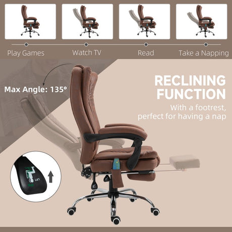 Vinsetto Office Chair with Massage and Heat, Microfibre Reclining Computer Desk Chair with Footrest and Adjustable Height, Swivel Wheels for Home Office, Brown