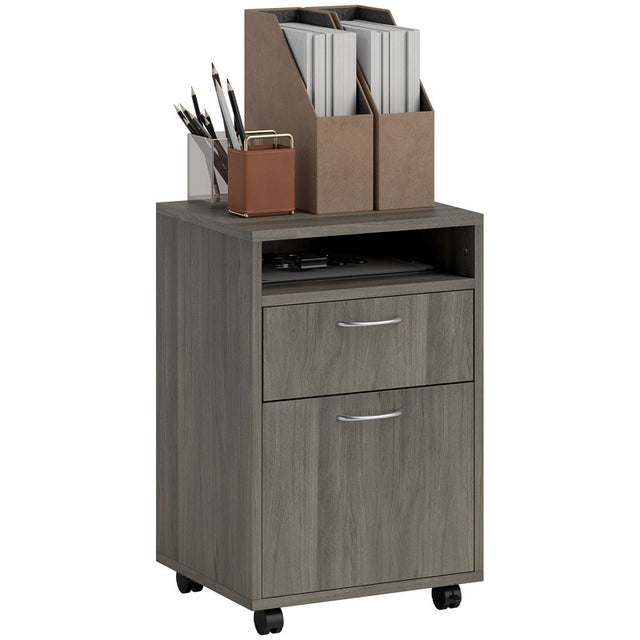 HOMCOM 60cm Filing Cabinet with Drawer, Open Shelf, Metal Handles and 4 Wheels, Office Home Organiser Mobile Printer, Grey