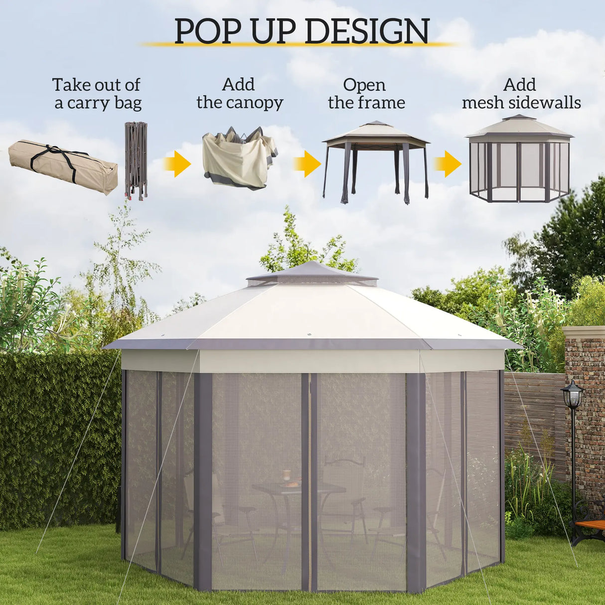 Outsunny 3 x 4m Garden Gazebo Hexagon Pop Up Gazebo Party Tent Canopy Double Roof Instant Shelter with Netting and Carry Bag for Outdoor Patio, Beige