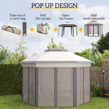 Outsunny 3 x 4m Garden Gazebo Hexagon Pop Up Gazebo Party Tent Canopy Double Roof Instant Shelter with Netting and Carry Bag for Outdoor Patio, Beige