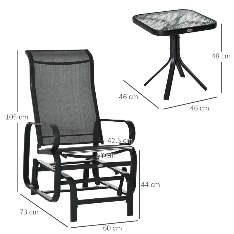 Outsunny 3 Pieces Garden Gliding Chair Set, Metal Frame 2 Single Armchair Swing Seater and 1 Glass Top Coffee Table w/ Breath Mesh Fabric Seat, Black